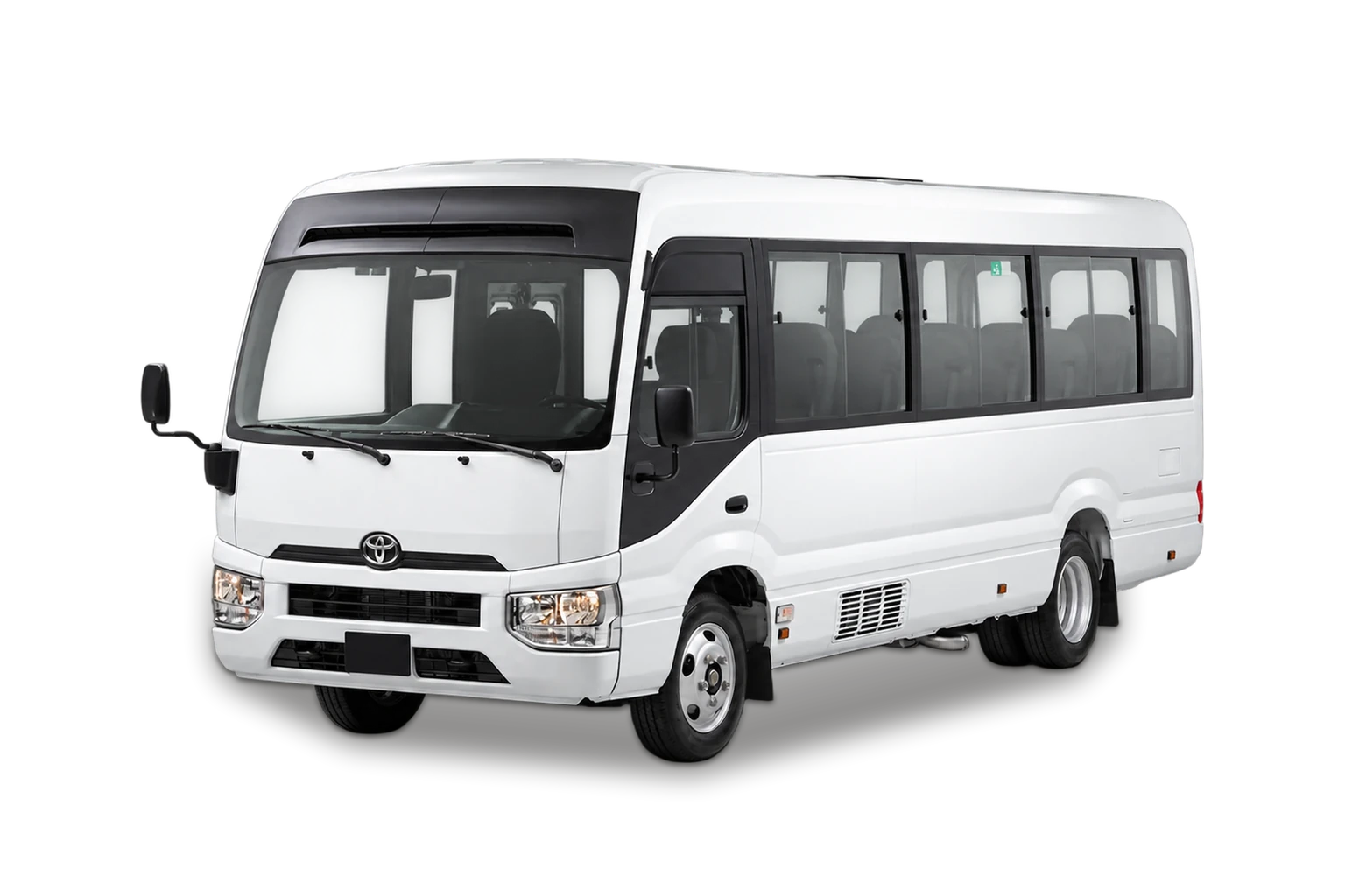 White Toyota Coaster minibus, front three-quarter view.