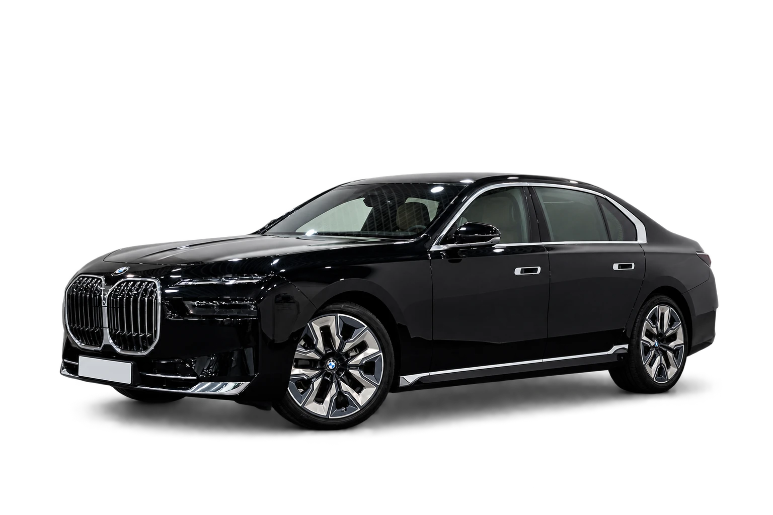 Illustrative black BMW 7 Series sedan, front three-quarter view.