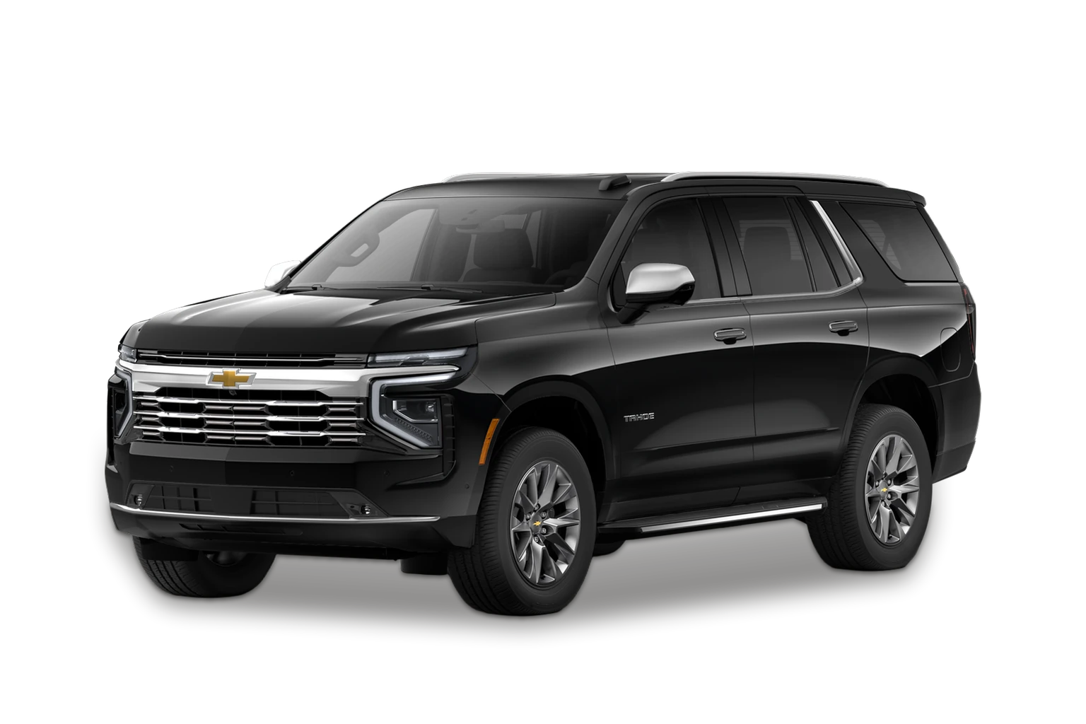Black Chevrolet Tahoe full-size SUV, front three-quarter view.
