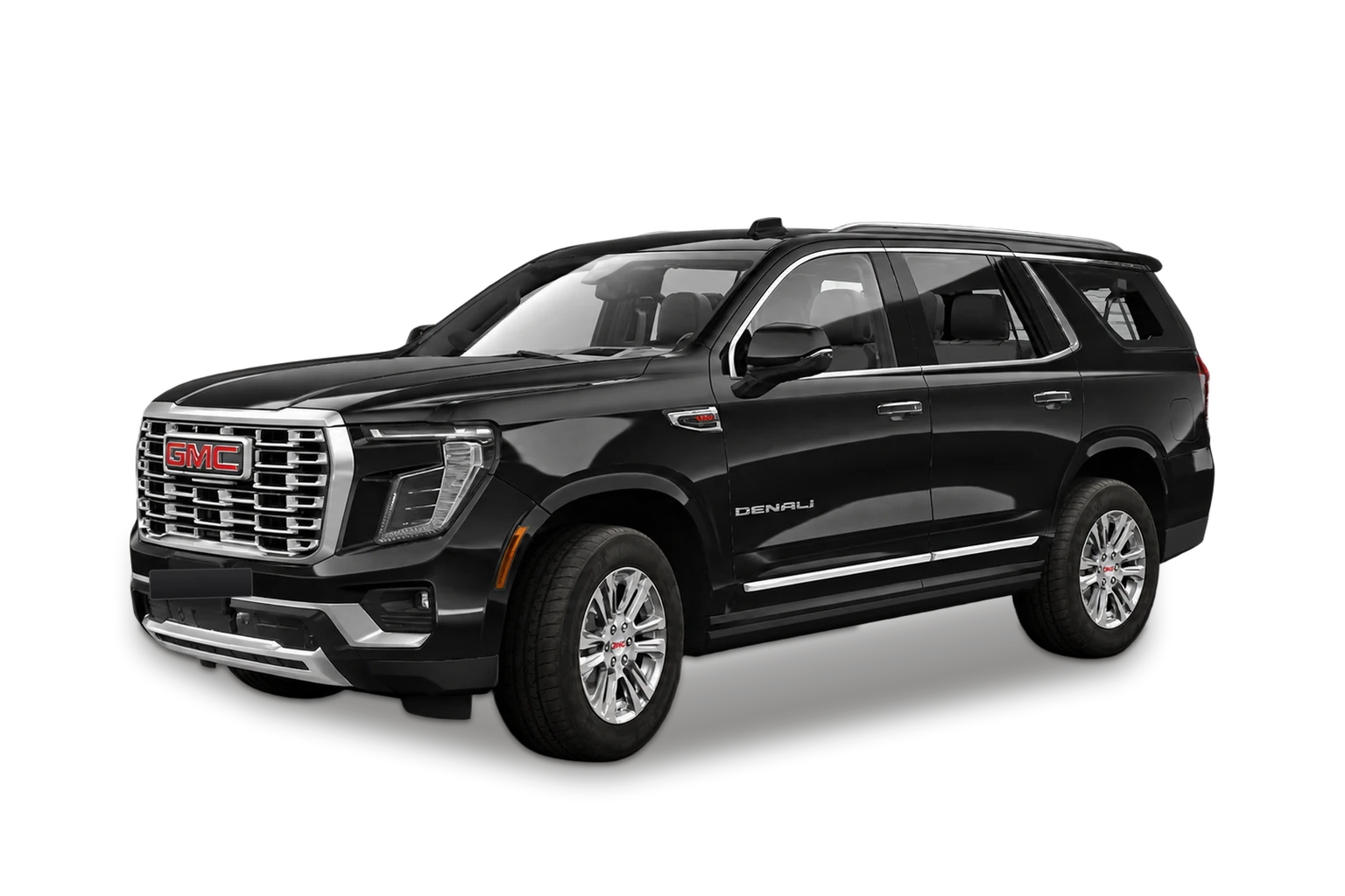 Black GMC Yukon full-size SUV, front three-quarter view.