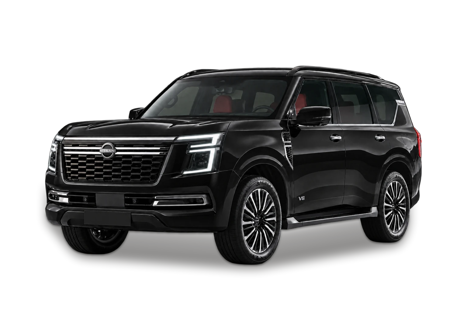 Black Nissan Patrol full-size SUV, front three-quarter view.