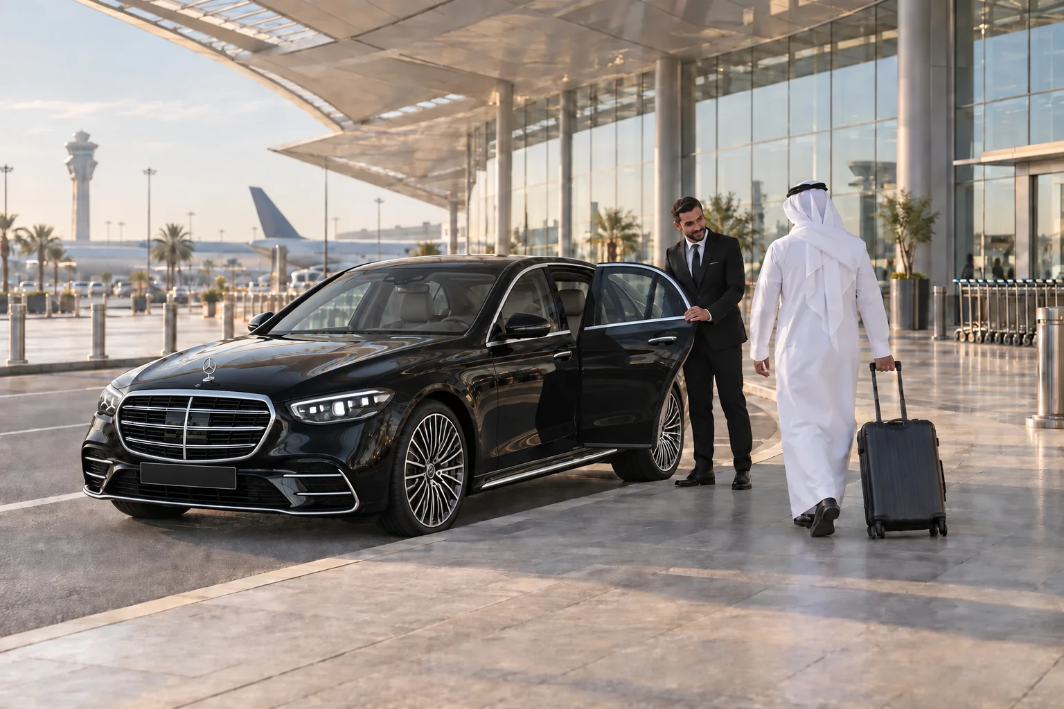 Illustrative airport scene of a chauffeur opening the rear door of a black Mercedes-Benz S-Class for a Saudi traveller.