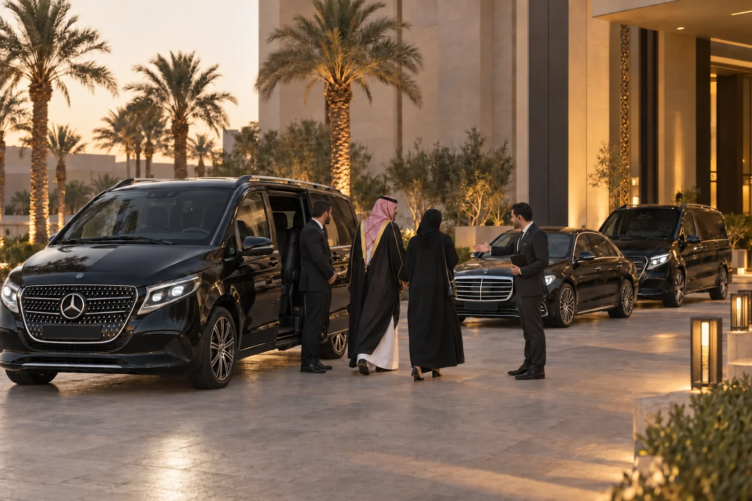 Illustrative scene of an event coordinator welcoming guests beside black Mercedes-Benz V-Class vans and an S-Class at an evening venue in Riyadh.